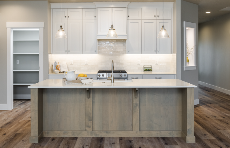 Greyloch White Kitchen with Glass Cabinet Doors White kitchen cabinets with undermount sink and glass uppers
