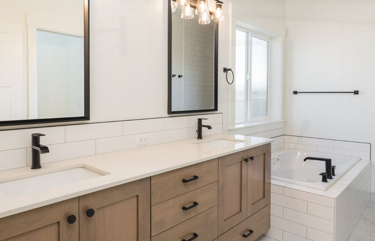 Greyloch Custom Wood Bathroom Vanity wood bathroom vanity with black hardware and subway tile