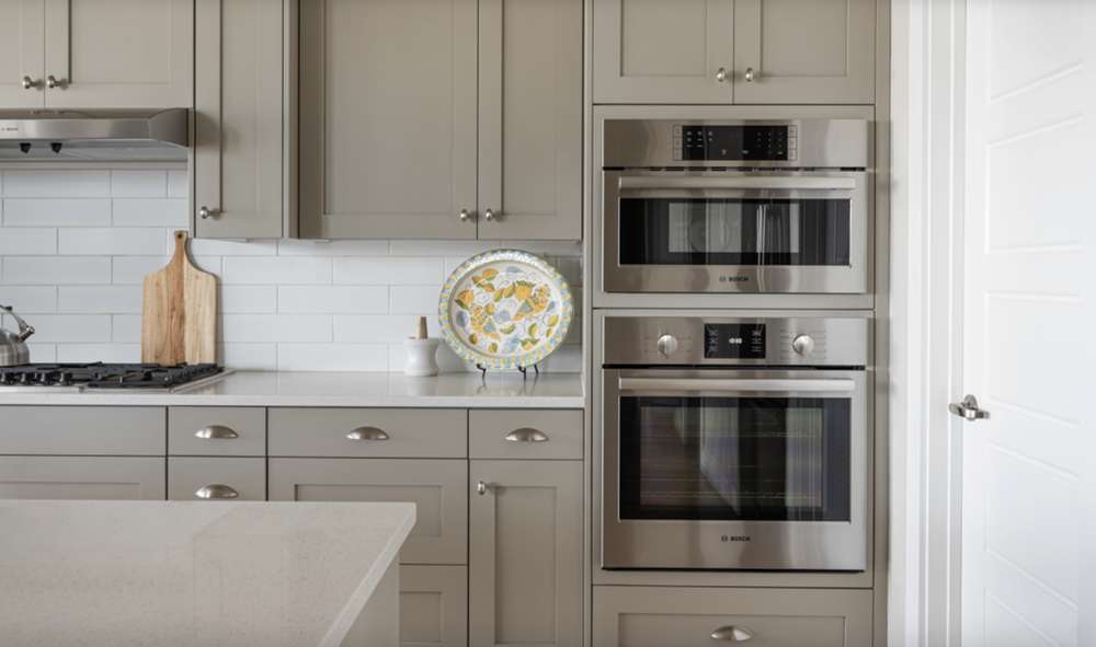 Greyloch Kitchen Cabinet and Double Wall Oven Install gray cabinets with double wall ovens and tile backsplash