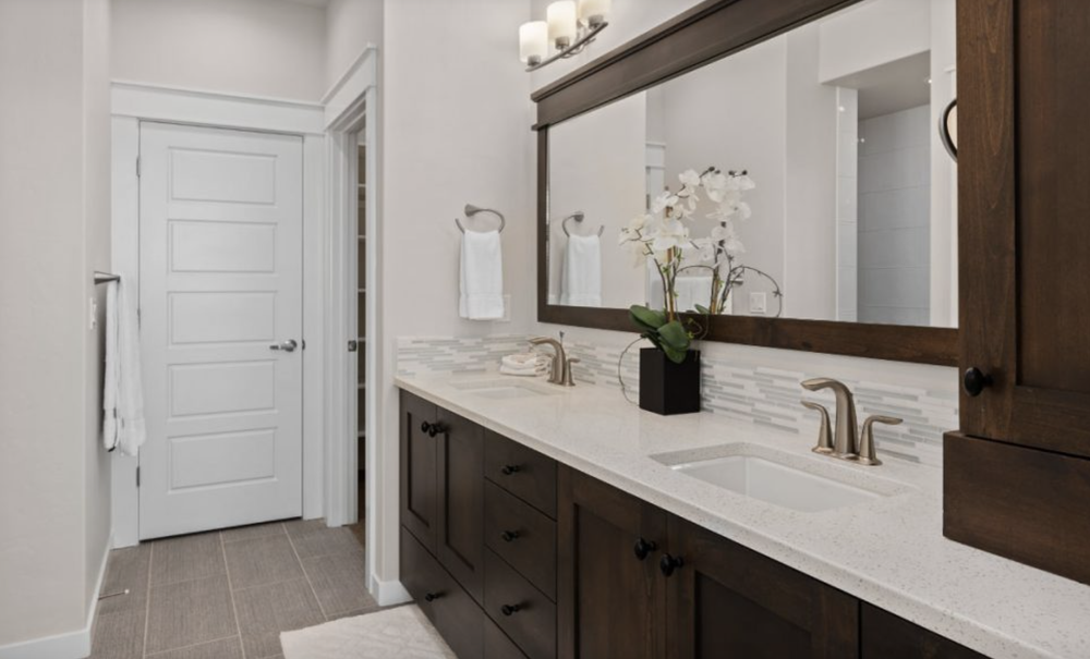 Greyloch Custom Bathroom Vanity with Marble Top white bathroom vanity with marble countertop and decorative mirror