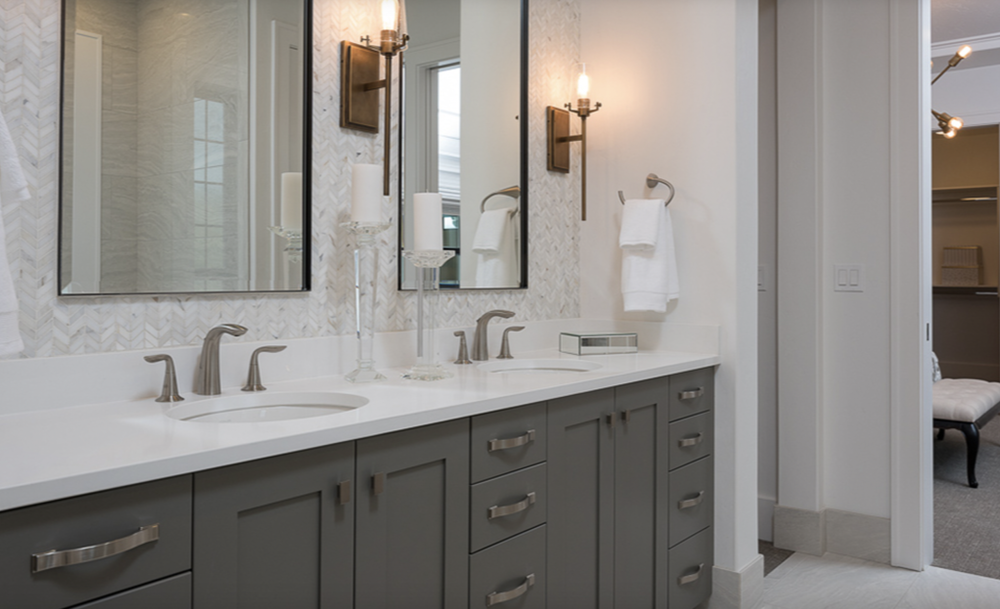 Greyloch Gray Double Bathroom Vanity gray double bathroom vanity with wall sconces and large mirror