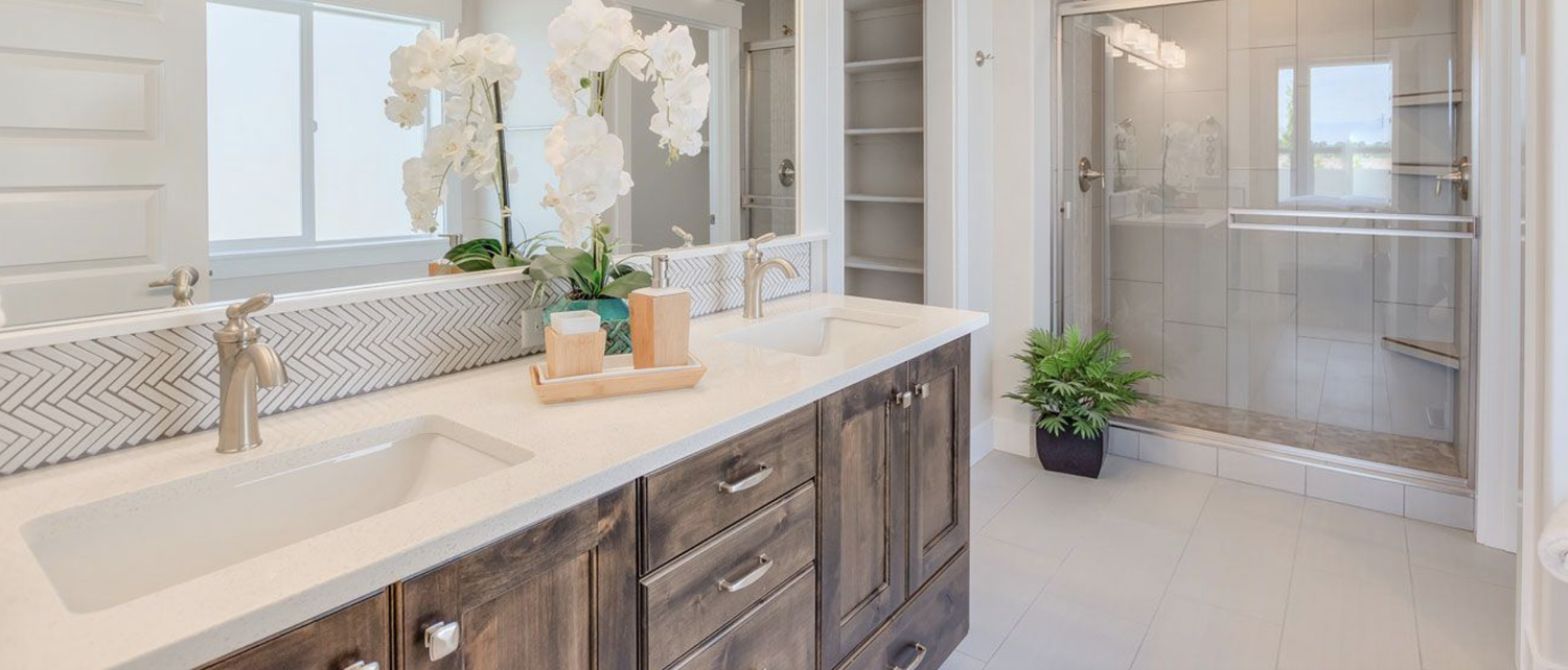 Greyloch Wood Bathroom Vanity with Quartz Top wood bathroom vanity with quartz countertop and herringbone tile