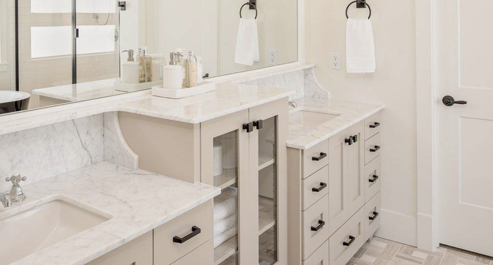 Greyloch Cream Bathroom Vanity with Marble Top cream bathroom vanity with marble countertop and black hardware