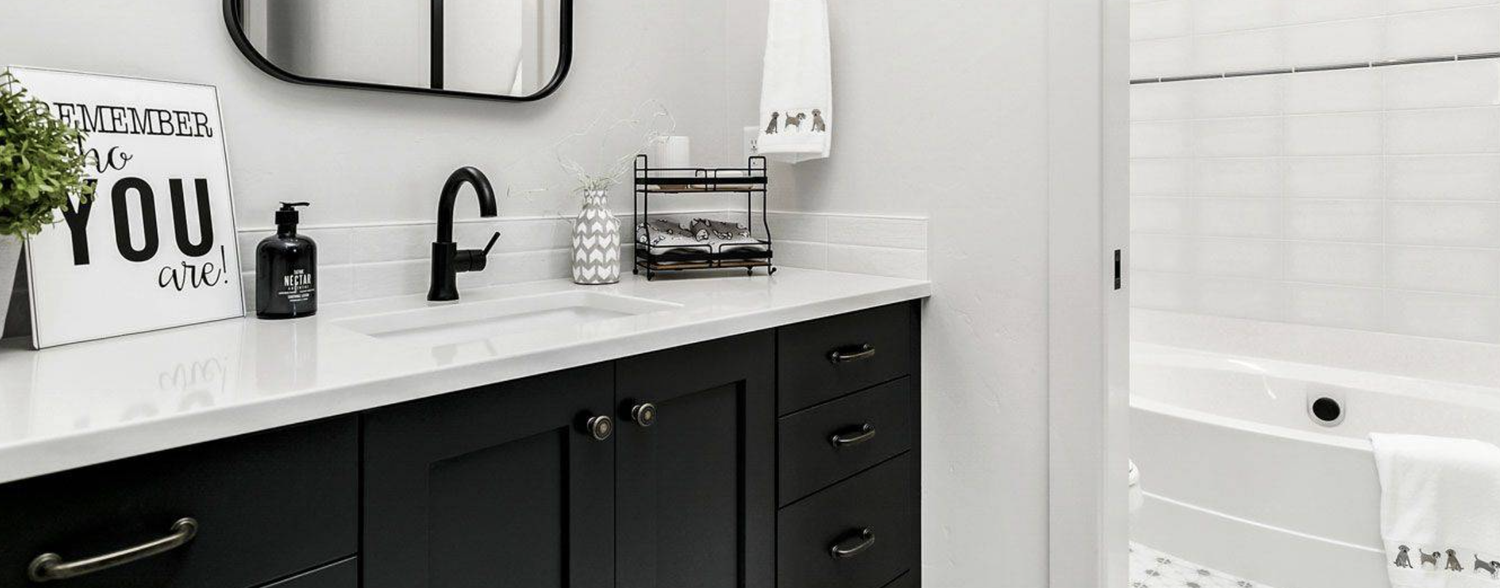 Greyloch Dark Bathroom Vanity with Black Hardware dark bathroom vanity with black faucet and white quartz countertop