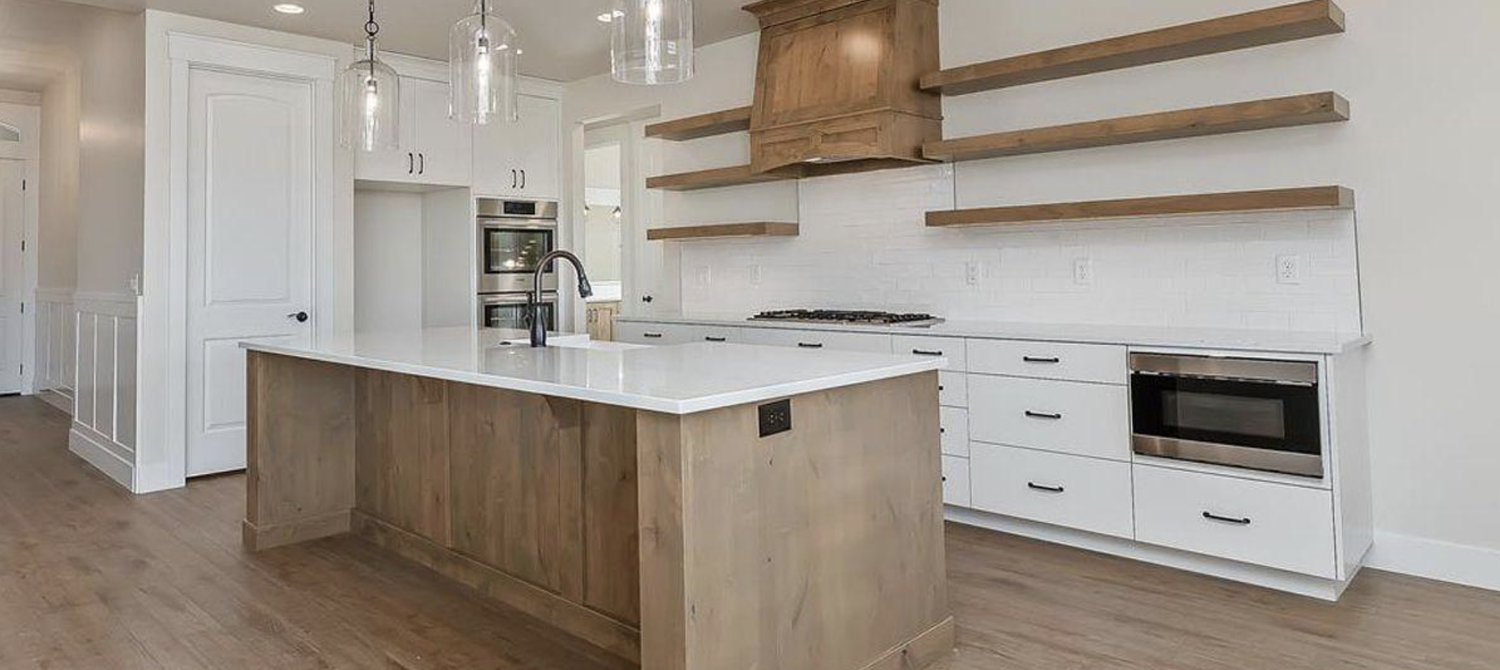 Greyloch Kitchen with Custom Wood Range Hood white kitchen with wood range hood and open shelving