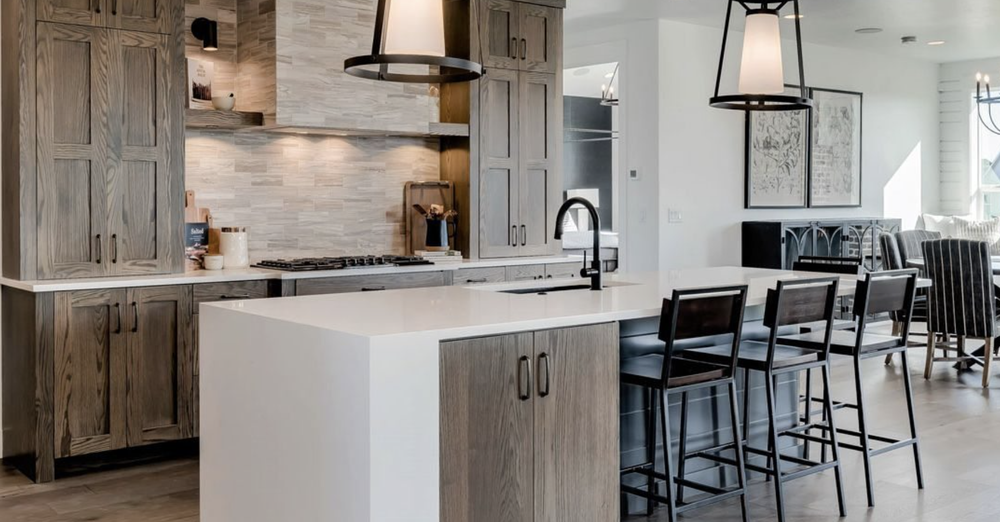 Greyloch Kitchen with Stone Backsplash and Wood Hood kitchen with stone backsplash and dark wood range hood
