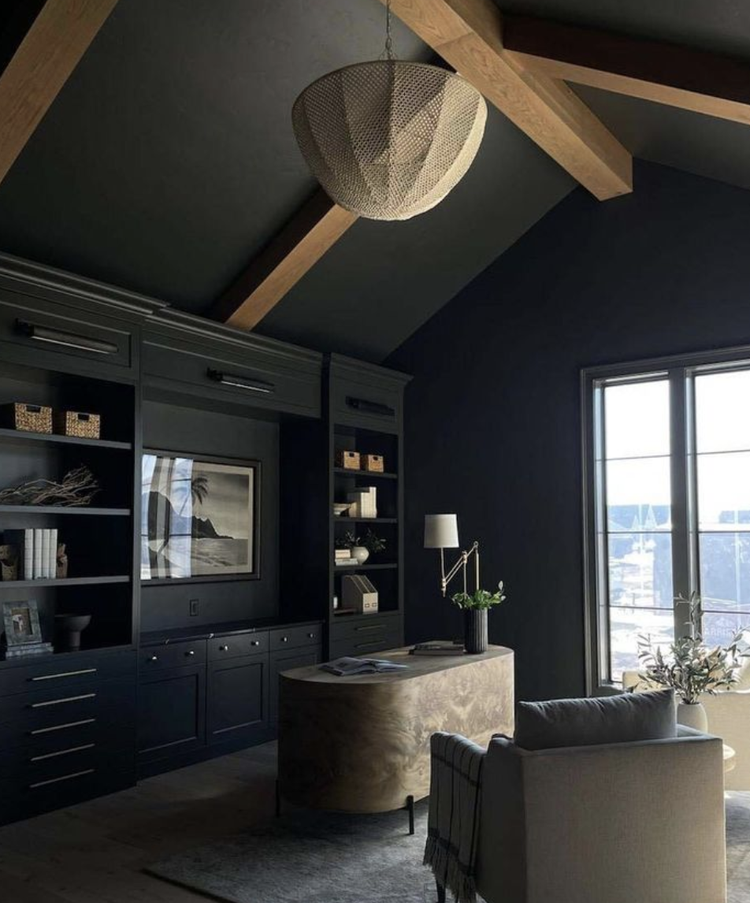 Greyloch Dark Kitchen Cabinet Design Dark moody kitchen with black cabinetry and wood accents