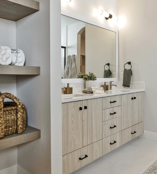 Greyloch Light Wood Bathroom Vanity light wood bathroom vanity with white countertop and black hardware