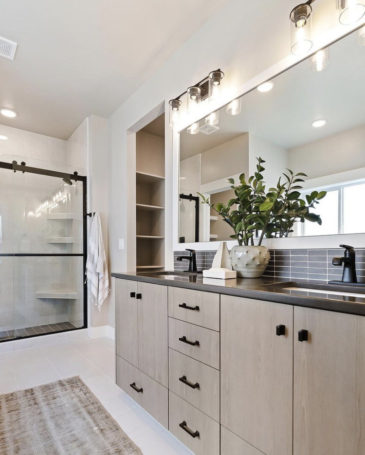 Greyloch Bathroom Vanity with Barn Door Mirror light wood bathroom vanity with barn door mirror and black fixtures