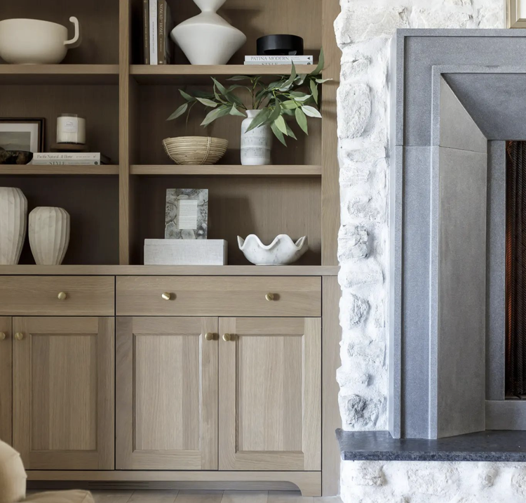 Greyloch Custom Wood Open Shelf Cabinetry custom wood open shelving with decorative styling