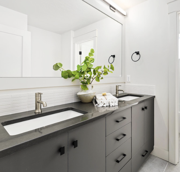 Greyloch Dark Bathroom Vanity with Shiplap Accent dark bathroom vanity with undermount sink and shiplap wall