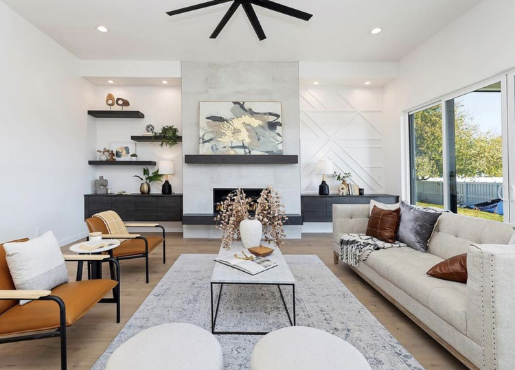 Greyloch Custom Built-In Shelving and Fireplace modern living room with built-in shelving and linear fireplace