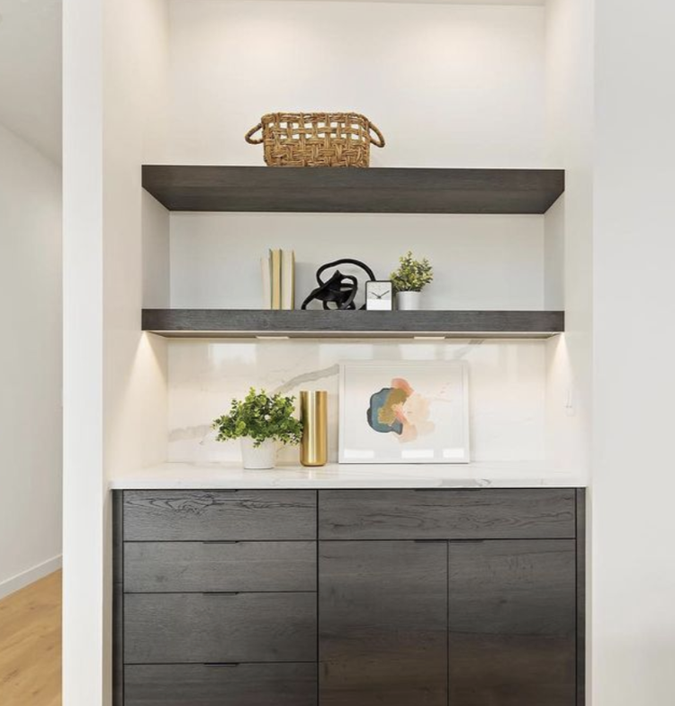 Greyloch Custom Floating Shelf Display floating dark wood shelf with decorative styling and artwork